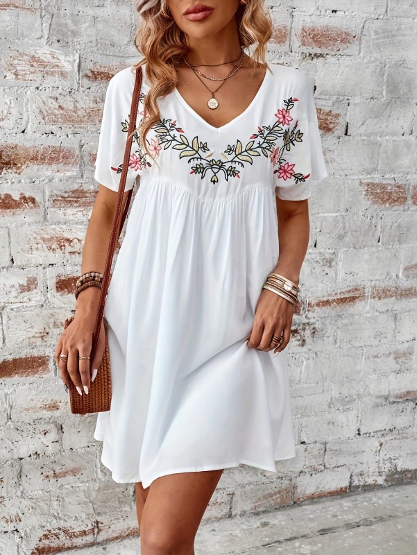 Flower Embroidery Short Sleeve Dress, Casual V Neck Ruched Loose Above Knee Dress For Spring & Summer, Women's Clothing