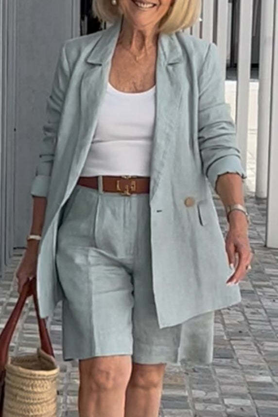Casual Solid Color Patchwork Turn-back Collar Long Sleeve Two Pieces