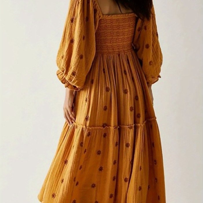 Floral Embroidered Square Neck Maxi Dress, Elegant Puff Sleeve Shirred Dress For Spring & Fall, Women's Clothing
