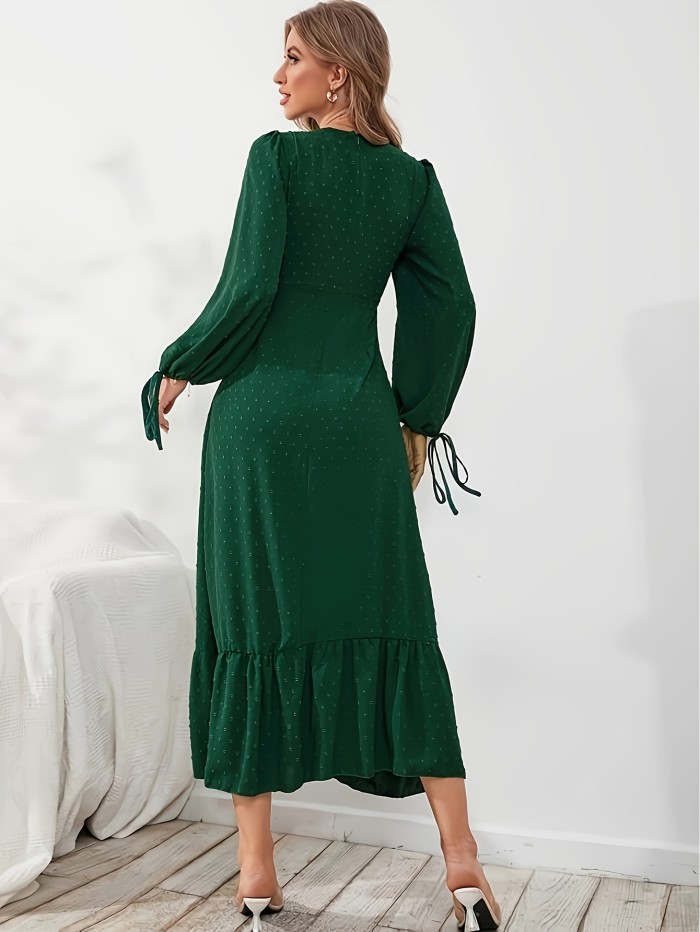 Charming Floral Embroidered Swiss Dot Dress - Timeless Crew Neck with Flouncy Ruffle Hem, Delicate Long Sleeves featuring Tie Cuffs, Feminine Style for Women