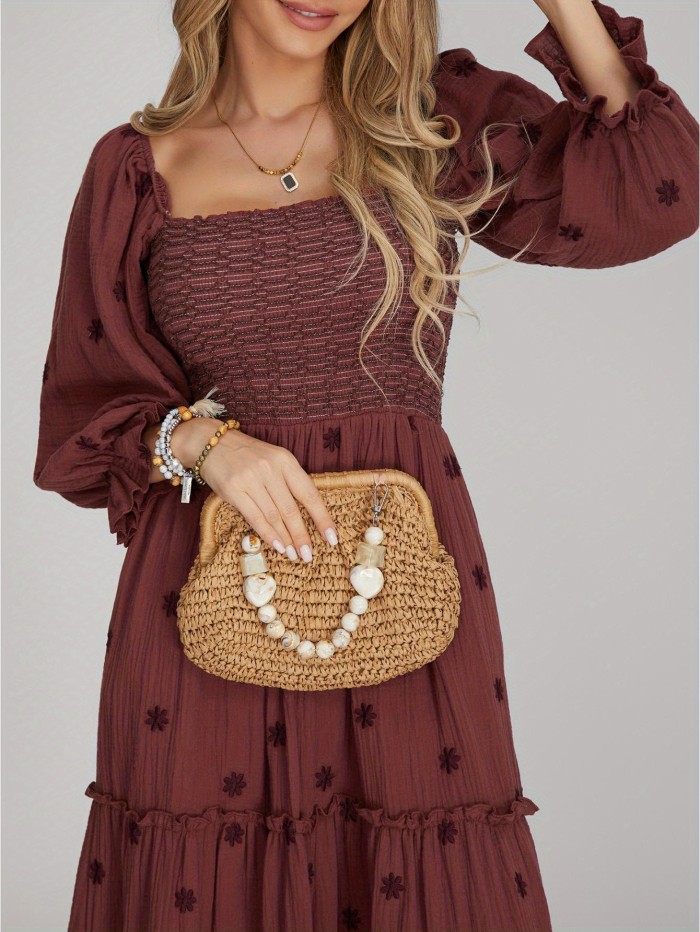Floral Embroidered Square Neck Maxi Dress, Elegant Puff Sleeve Shirred Dress For Spring & Fall, Women's Clothing