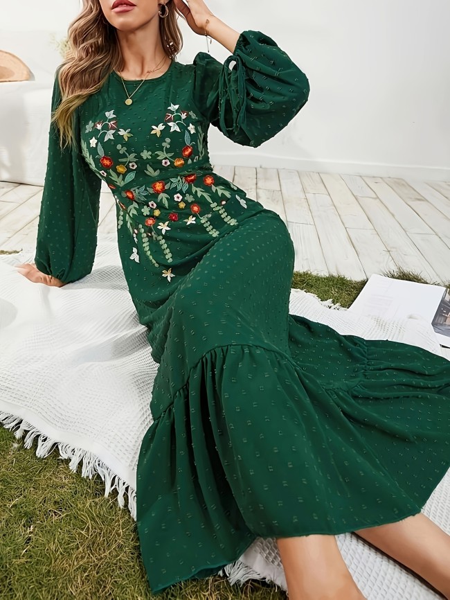 Charming Floral Embroidered Swiss Dot Dress - Timeless Crew Neck with Flouncy Ruffle Hem, Delicate Long Sleeves featuring Tie Cuffs, Feminine Style for Women