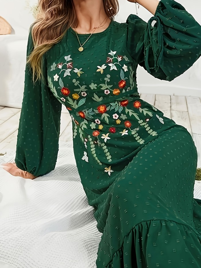 Charming Floral Embroidered Swiss Dot Dress - Timeless Crew Neck with Flouncy Ruffle Hem, Delicate Long Sleeves featuring Tie Cuffs, Feminine Style for Women