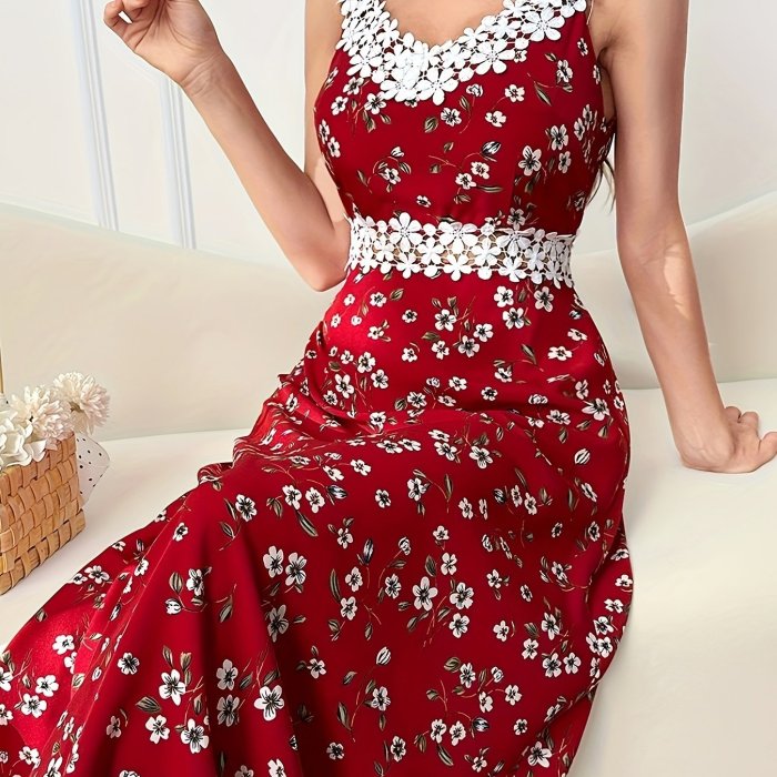 Floral Print Contrast Lace Dress, Elegant Applique Sleeveless Backless High Waist Hollow Dress, Women's Clothing