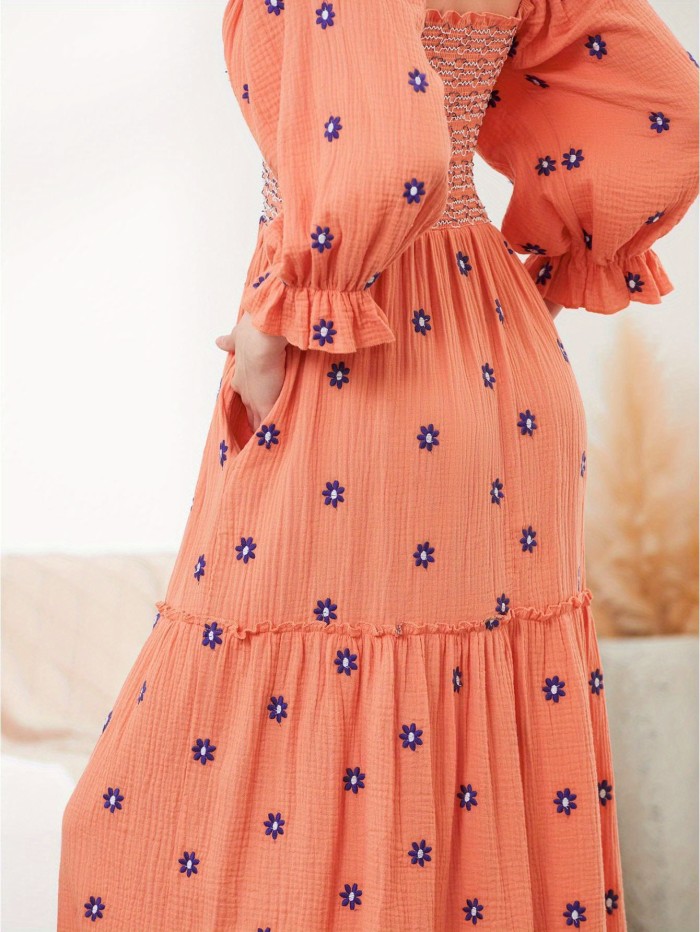 Floral Embroidered Square Neck Maxi Dress, Elegant Puff Sleeve Shirred Dress For Spring & Fall, Women's Clothing