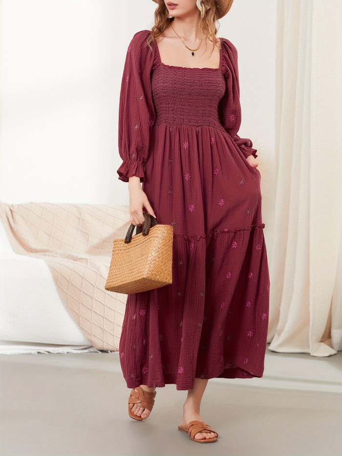 Floral Embroidered Square Neck Maxi Dress, Elegant Puff Sleeve Shirred Dress For Spring & Fall, Women's Clothing