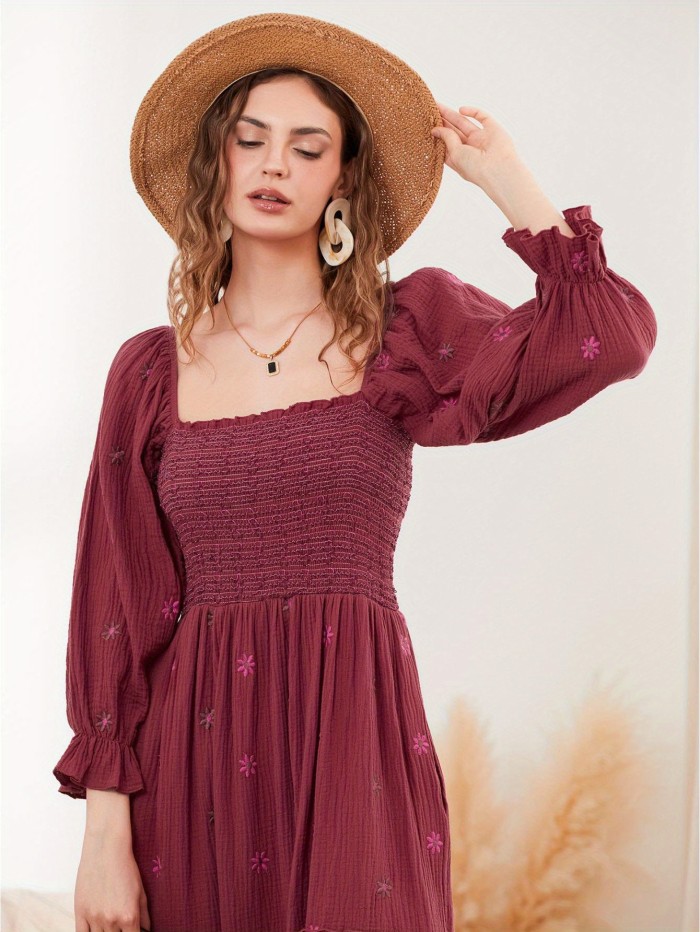 Floral Embroidered Square Neck Maxi Dress, Elegant Puff Sleeve Shirred Dress For Spring & Fall, Women's Clothing