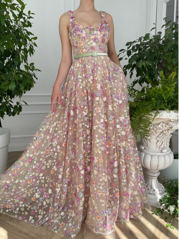 Long Prom Scoop Neck Sequins Tulle with Embroidered Flowers Sleeveless A Line Maxi Dresses