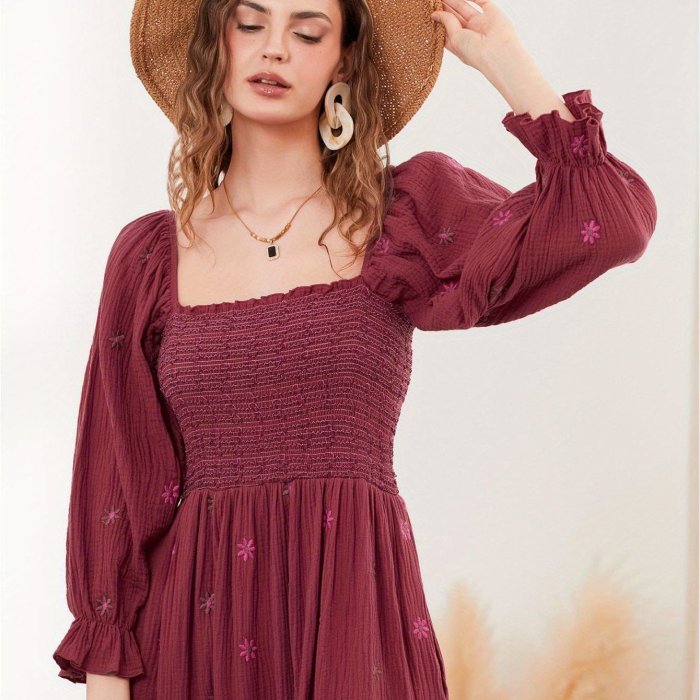 Floral Embroidered Square Neck Maxi Dress, Elegant Puff Sleeve Shirred Dress For Spring & Fall, Women's Clothing