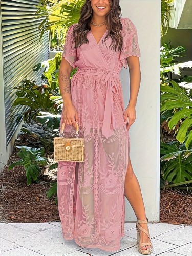 Floral Pattern V Neck Lace Dress, Elegant Belted Short Sleeve Split Bridesmaid Dress, Women's Clothing