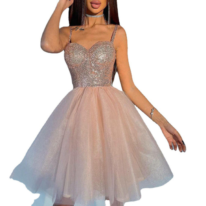 Slim Mini Sexy Evening Solid Color Elegant Spaghetti Strap Backless Dress