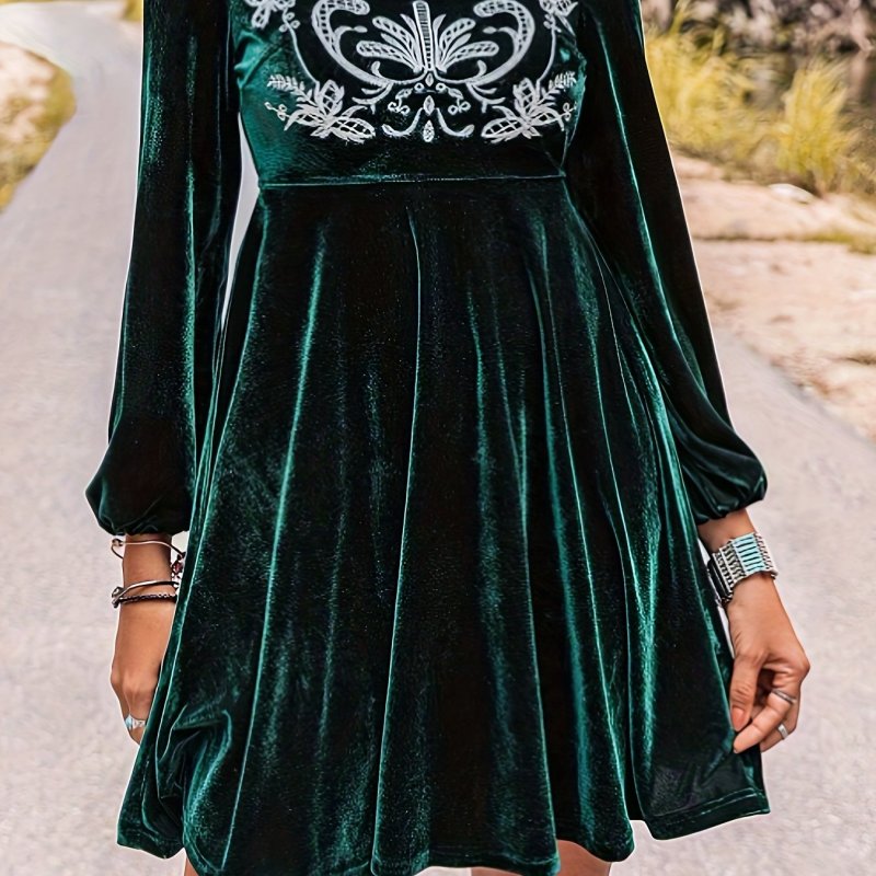 Floral Embroidered Dress, Elegant Long Sleeve Squared Neck Dress, Women's Clothing