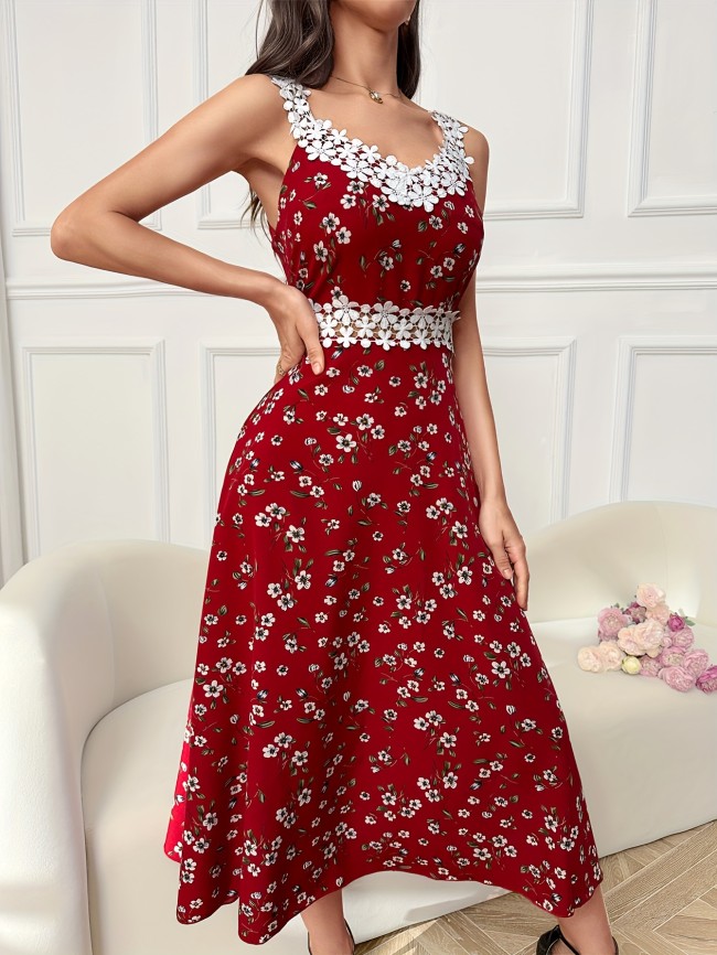 Floral Print Contrast Lace Dress, Elegant Applique Sleeveless Backless High Waist Hollow Dress, Women's Clothing