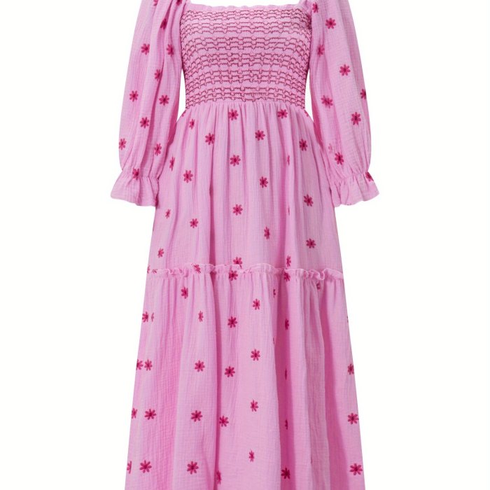 Floral Embroidered Square Neck Maxi Dress, Elegant Puff Sleeve Shirred Dress For Spring & Fall, Women's Clothing