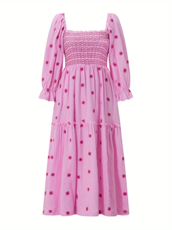 Floral Embroidered Square Neck Maxi Dress, Elegant Puff Sleeve Shirred Dress For Spring & Fall, Women's Clothing