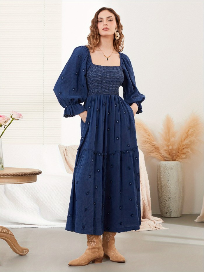 Floral Embroidered Square Neck Maxi Dress, Elegant Puff Sleeve Shirred Dress For Spring & Fall, Women's Clothing