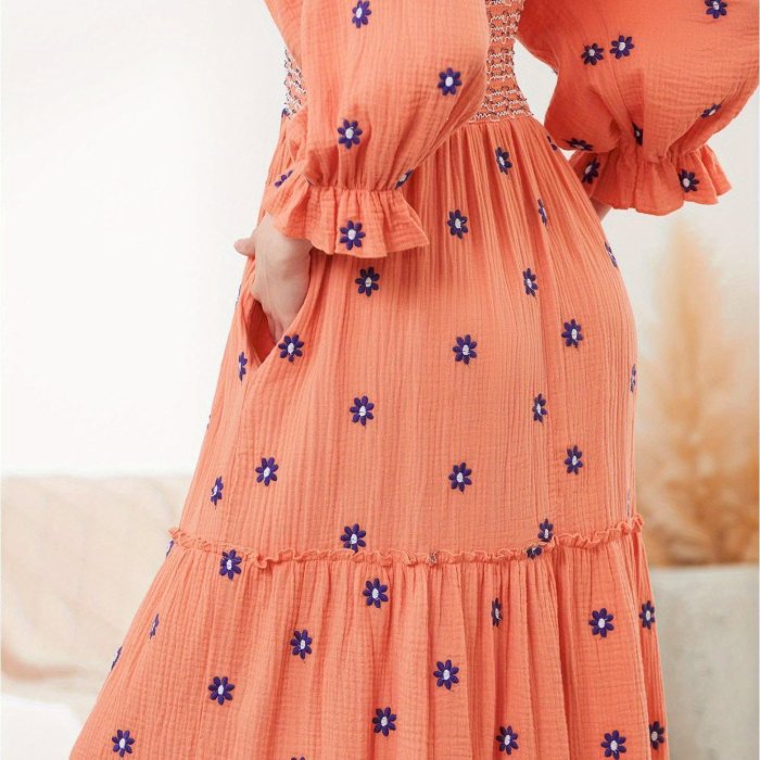 Floral Embroidered Square Neck Maxi Dress, Elegant Puff Sleeve Shirred Dress For Spring & Fall, Women's Clothing