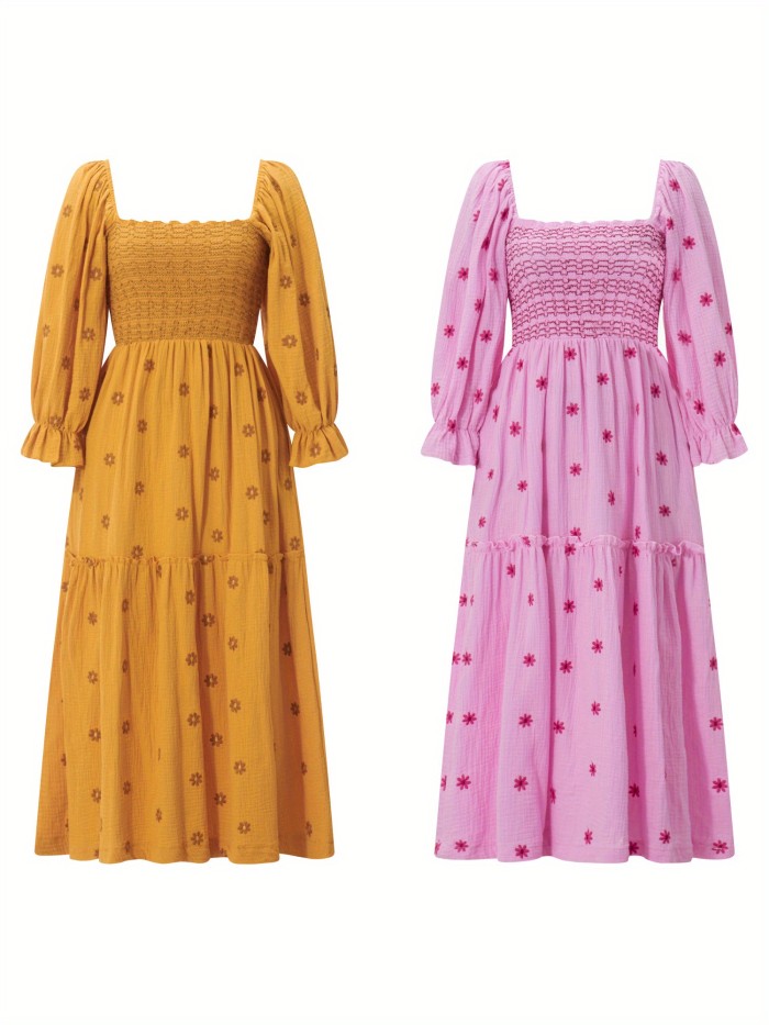 Floral Embroidered Square Neck Maxi Dress, Elegant Puff Sleeve Shirred Dress For Spring & Fall, Women's Clothing