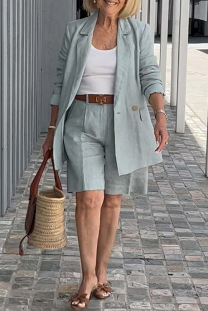 Casual Solid Color Patchwork Turn-back Collar Long Sleeve Two Pieces