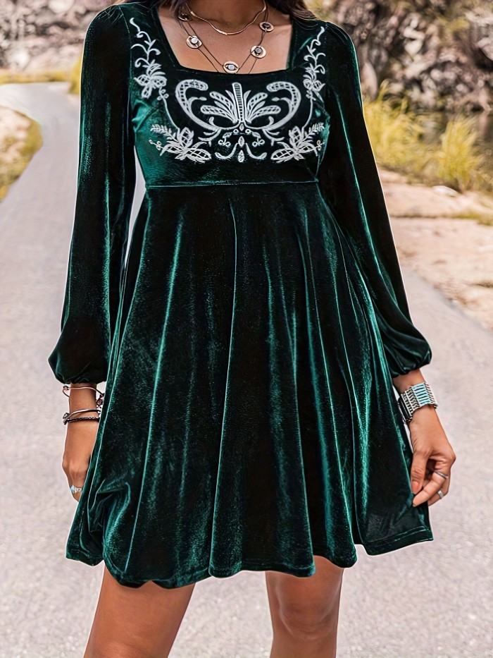 Floral Embroidered Dress, Elegant Long Sleeve Squared Neck Dress, Women's Clothing