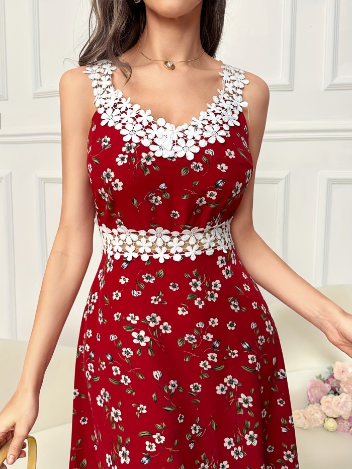 Floral Print Contrast Lace Dress, Elegant Applique Sleeveless Backless High Waist Hollow Dress, Women's Clothing