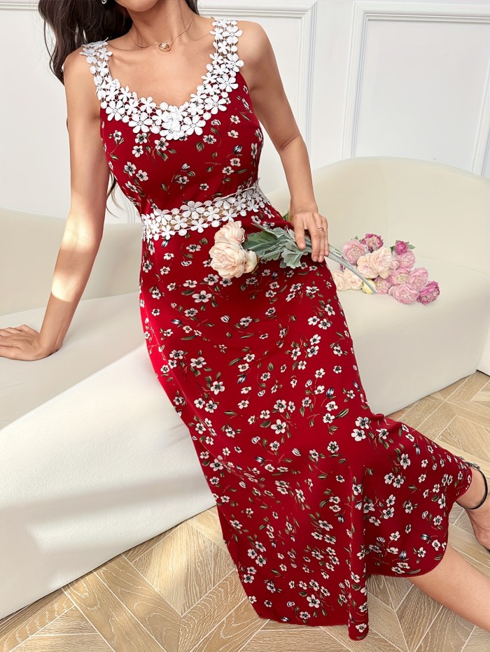 Floral Print Contrast Lace Dress, Elegant Applique Sleeveless Backless High Waist Hollow Dress, Women's Clothing