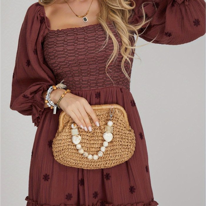 Floral Embroidered Square Neck Maxi Dress, Elegant Puff Sleeve Shirred Dress For Spring & Fall, Women's Clothing