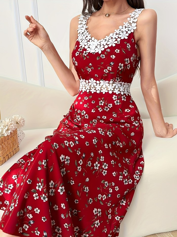 Floral Print Contrast Lace Dress, Elegant Applique Sleeveless Backless High Waist Hollow Dress, Women's Clothing