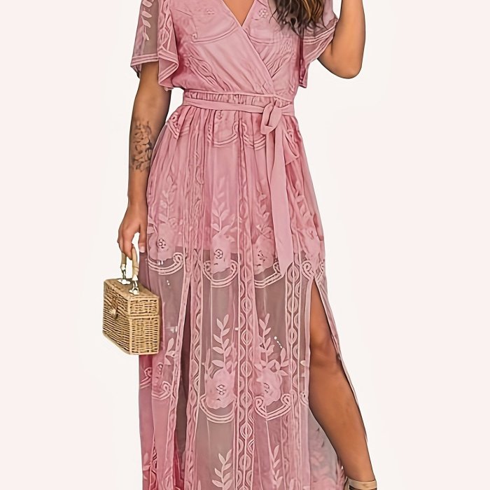 Floral Pattern V Neck Lace Dress, Elegant Belted Short Sleeve Split Bridesmaid Dress, Women's Clothing