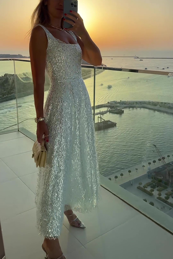 Sexy Waist-cinched Elegant Mesh Sequin Party Maxi Dress