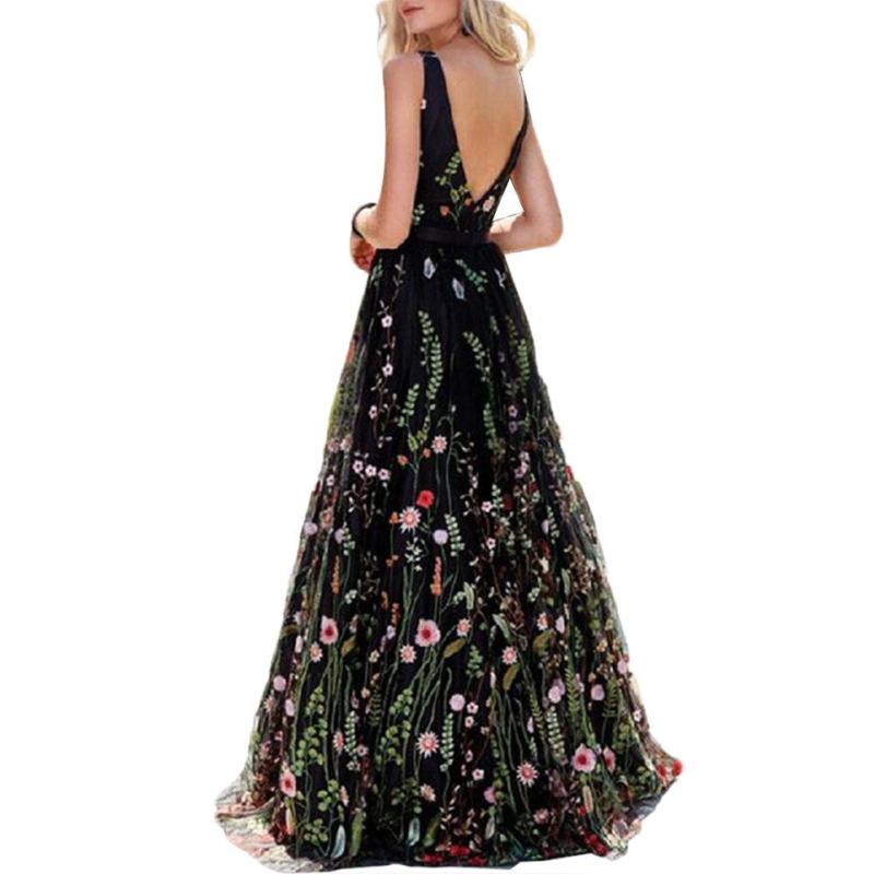 Boho Elegant Sexy Sleeveless Backless Deep-V Embroider Floral Print Party Maxi Dress