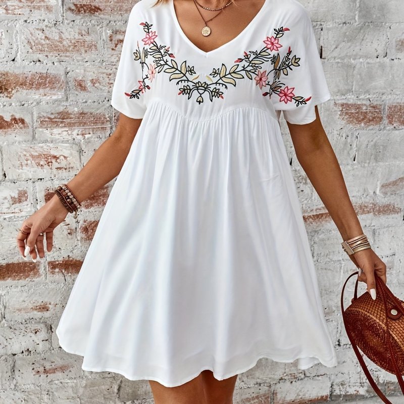 Flower Embroidery Short Sleeve Dress, Casual V Neck Ruched Loose Above Knee Dress For Spring & Summer, Women's Clothing