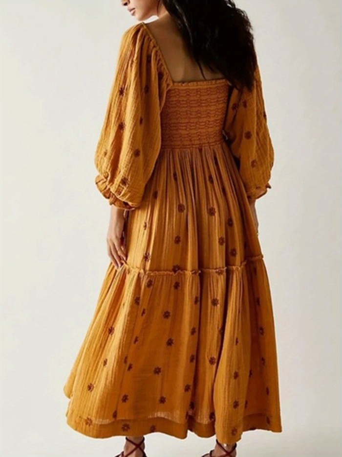 Floral Embroidered Square Neck Maxi Dress, Elegant Puff Sleeve Shirred Dress For Spring & Fall, Women's Clothing
