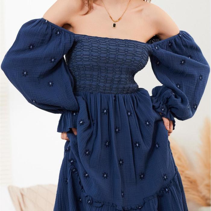 Floral Embroidered Square Neck Maxi Dress, Elegant Puff Sleeve Shirred Dress For Spring & Fall, Women's Clothing
