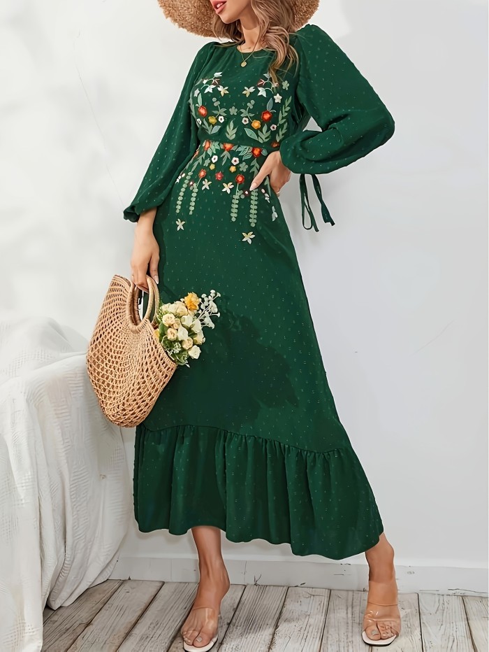 Charming Floral Embroidered Swiss Dot Dress - Timeless Crew Neck with Flouncy Ruffle Hem, Delicate Long Sleeves featuring Tie Cuffs, Feminine Style for Women