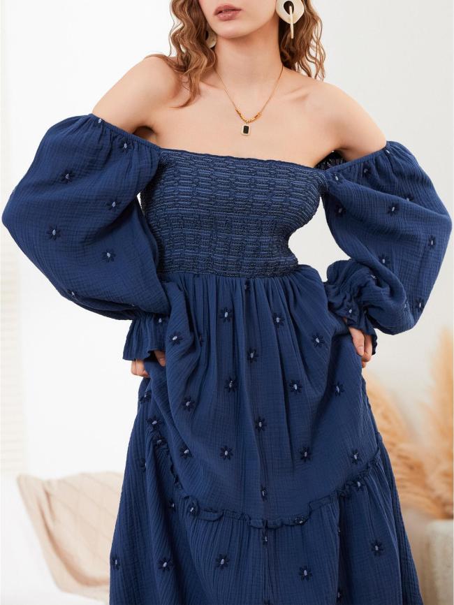 Floral Embroidered Square Neck Maxi Dress, Elegant Puff Sleeve Shirred Dress For Spring & Fall, Women's Clothing