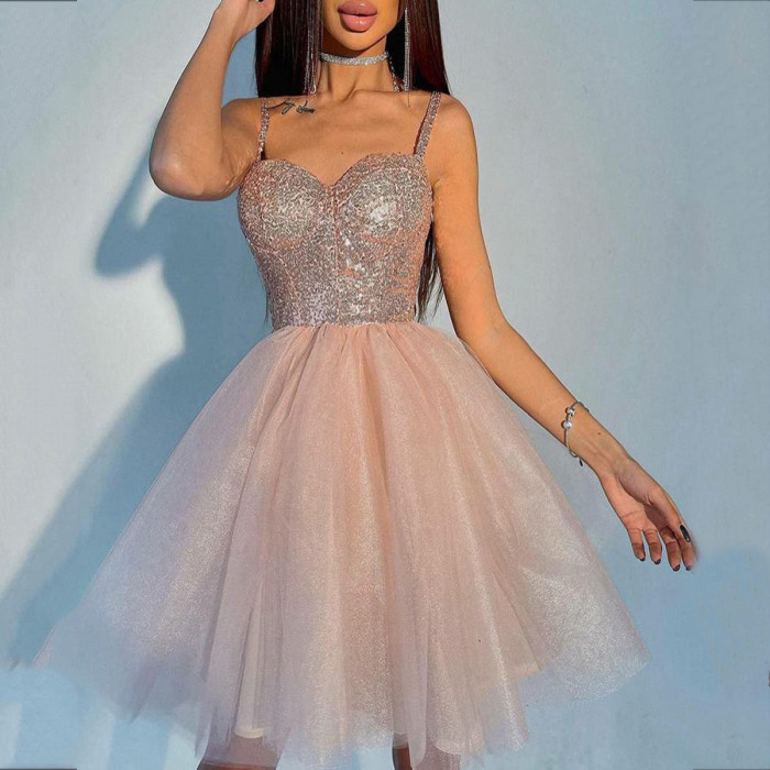 Slim Mini Sexy Evening Solid Color Elegant Spaghetti Strap Backless Dress