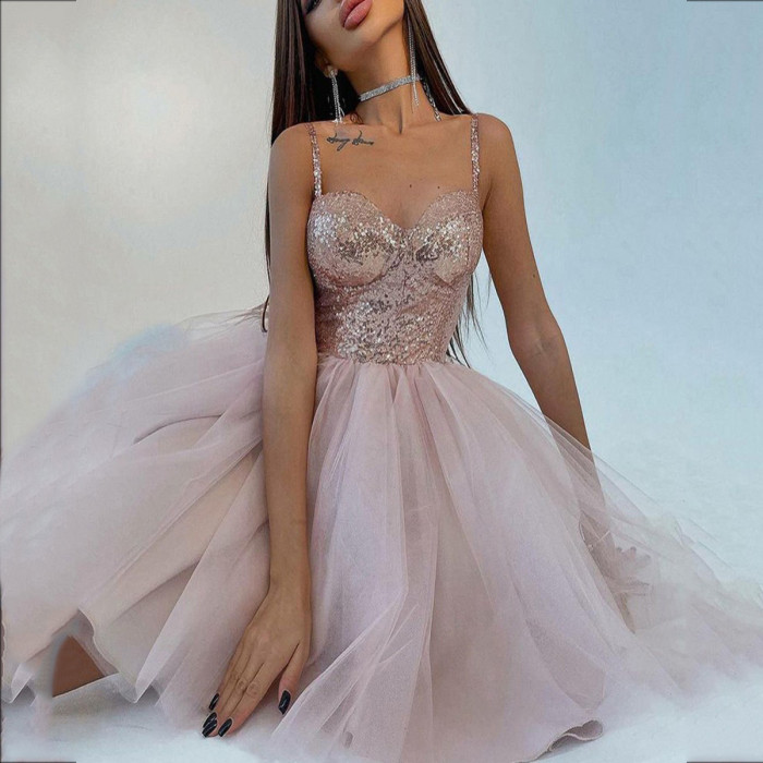 Slim Mini Sexy Evening Solid Color Elegant Spaghetti Strap Backless Dress