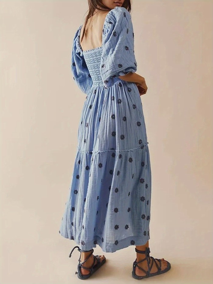 Floral Embroidered Square Neck Maxi Dress, Elegant Puff Sleeve Shirred Dress For Spring & Fall, Women's Clothing