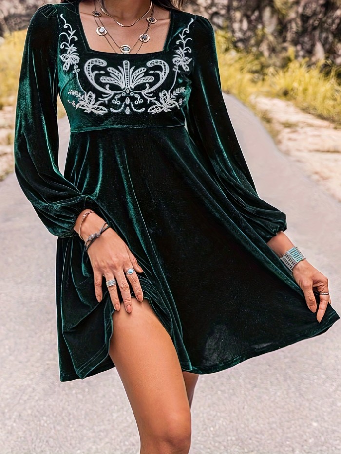 Floral Embroidered Dress, Elegant Long Sleeve Squared Neck Dress, Women's Clothing