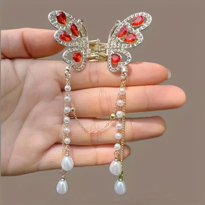 1pc Elegant Bling Bling Rhinestone Butterfly Tassel Hair Clip, Vintage Hair Accessory For Women, Suitable For Daily Use & Festive Parties