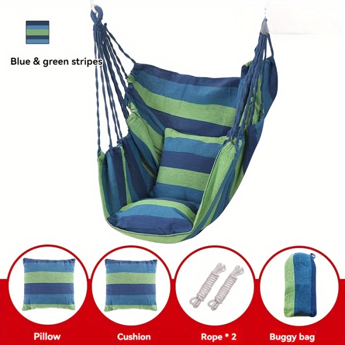 1pc Comfortable Canvas Hammock Chair with Cushion and Pillow - Durable Indoor\u002FOutdoor Swing Seat for Garden, Patio, Camping, Home Relaxation