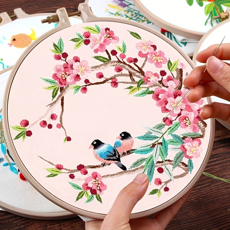 Beginner's All-In-One Embroidery Set: Birds Pattern, Easy Instructions, & Full Tools Kit