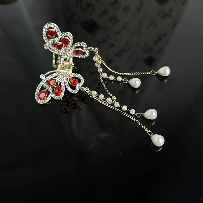 1pc Elegant Bling Bling Rhinestone Butterfly Tassel Hair Clip, Vintage Hair Accessory For Women, Suitable For Daily Use & Festive Parties