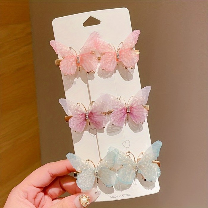 6pcs Set - Sparkling Butterfly Rhinestone Hair Clips - Gradient Color, Fashionable Design - Perfect Girls Hair Accessories for Everyday Glam or Special Occasions