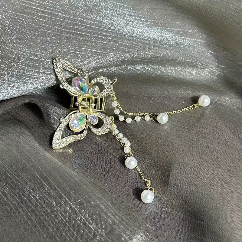 1pc Elegant Bling Bling Rhinestone Butterfly Tassel Hair Clip, Vintage Hair Accessory For Women, Suitable For Daily Use & Festive Parties