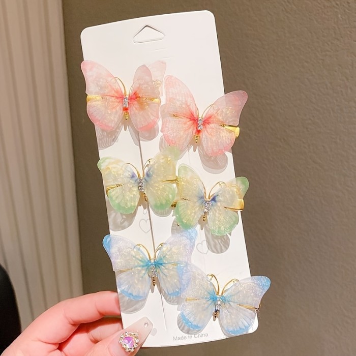 6pcs Set - Sparkling Butterfly Rhinestone Hair Clips - Gradient Color, Fashionable Design - Perfect Girls Hair Accessories for Everyday Glam or Special Occasions