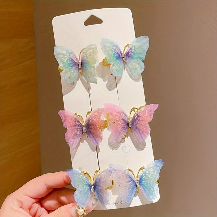 6pcs Set - Sparkling Butterfly Rhinestone Hair Clips - Gradient Color, Fashionable Design - Perfect Girls Hair Accessories for Everyday Glam or Special Occasions
