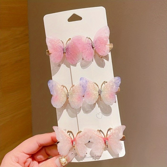 6pcs Set - Sparkling Butterfly Rhinestone Hair Clips - Gradient Color, Fashionable Design - Perfect Girls Hair Accessories for Everyday Glam or Special Occasions