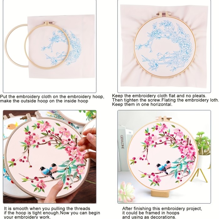 Beginner's All-In-One Embroidery Set: Birds Pattern, Easy Instructions, & Full Tools Kit